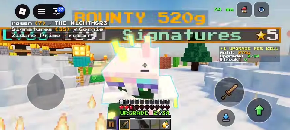 Player with a 520 gold bounty and a 5-star streak in +1 Upgrade Per Kill