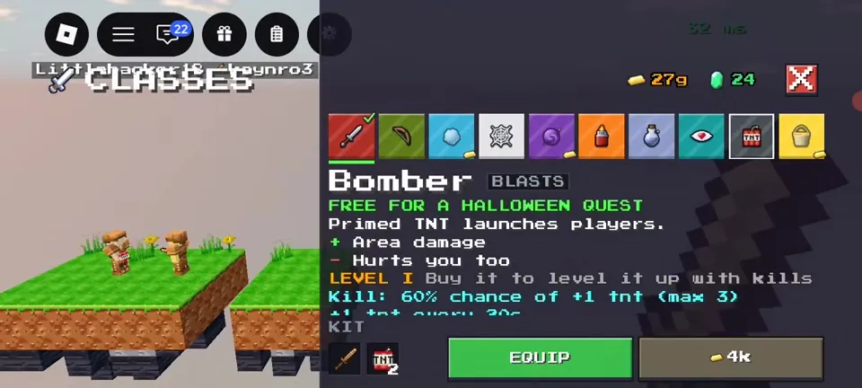 Classes menu showing the Bomber class with primed TNT, priced 4k gold
