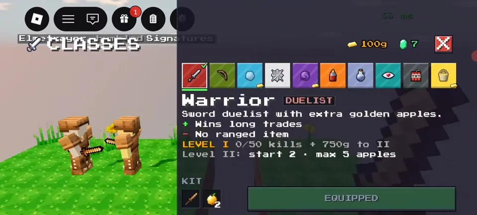 Classes menu showing the Warrior duelist class and its level I stats in +1 Upgrade Per Kill