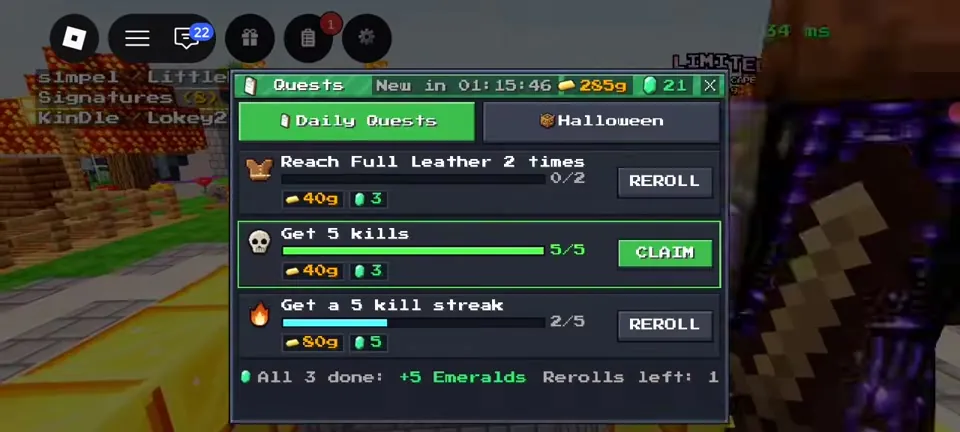 Daily Quests menu with Reach Full Leather, Get 5 kills and 5 kill streak quests