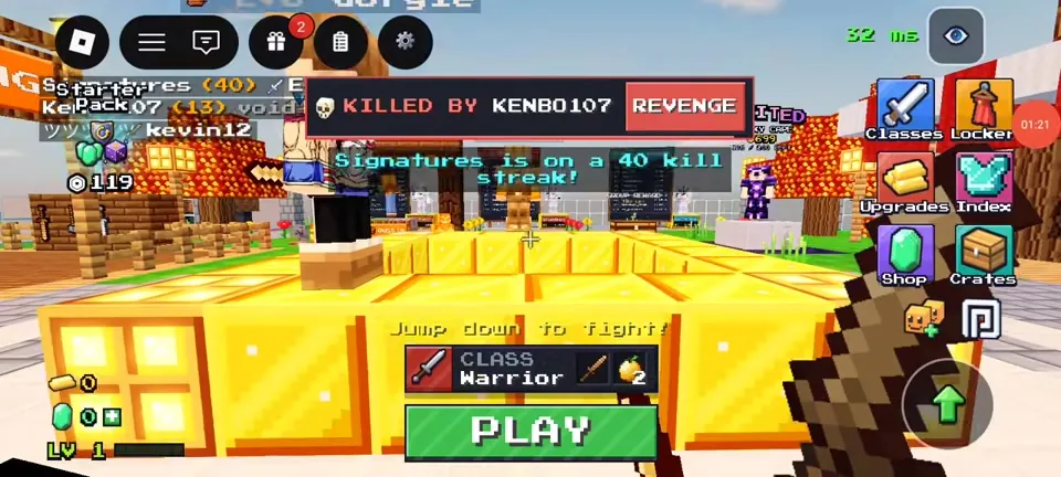 +1 Upgrade Per Kill lobby with the gift, menu and side buttons visible