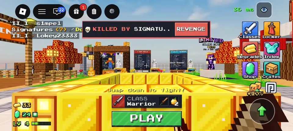 +1 Upgrade Per Kill lobby with the green PLAY button and Warrior class selected