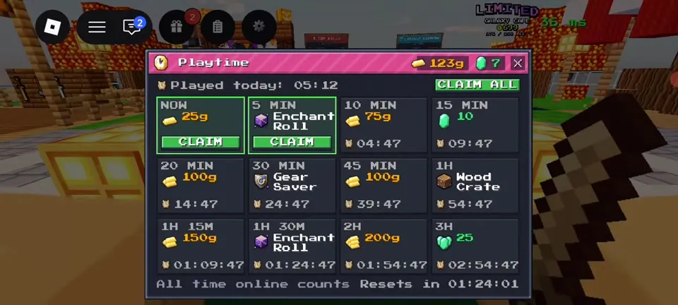 Playtime rewards grid from 25 gold now up to 25 emeralds at 3 hours