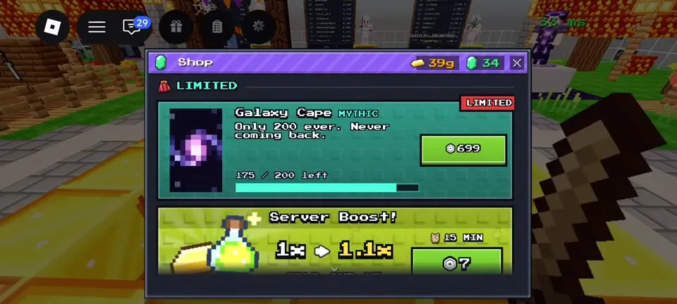 Shop showing the limited Galaxy Cape for 699 Robux and the Server Boost offer