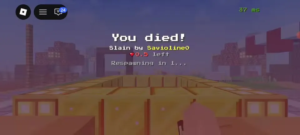 You died screen: Slain by a player, respawning in 1 second